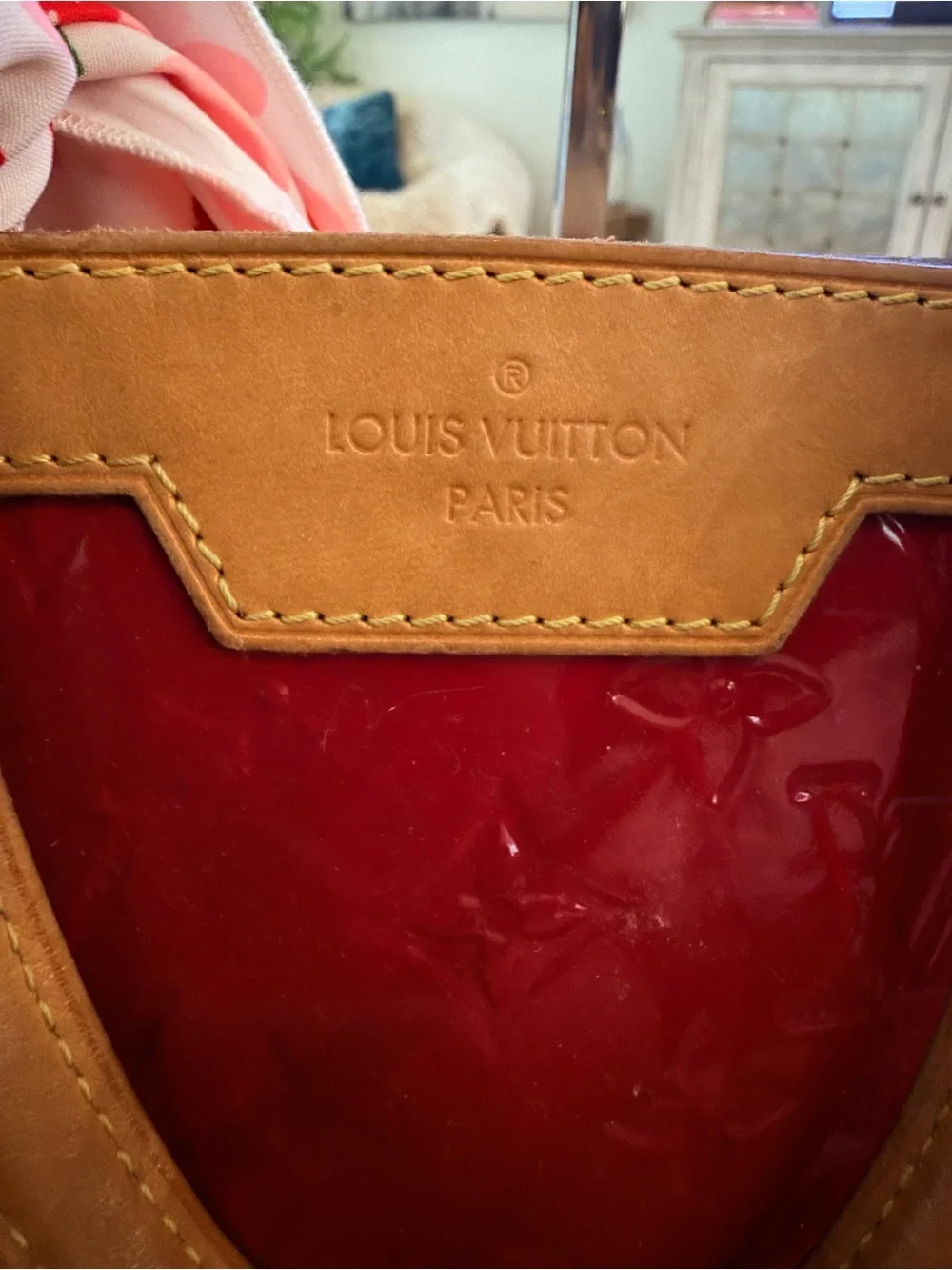 EUC Louis Vuitton Vernis Red Alma PM with Strawberry Scarf Accent